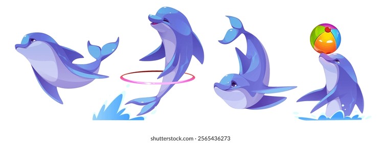 Cute dolphin character set showing different playful actions - swimming, jumping through ring, diving, balancing colorful beach ball. Blue marine mammal mascot design with expressive emotions.