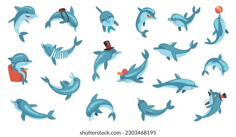Cute dolphin characters set. Funny happy underwater fauna mammal performing tricks cartoon vector illustration