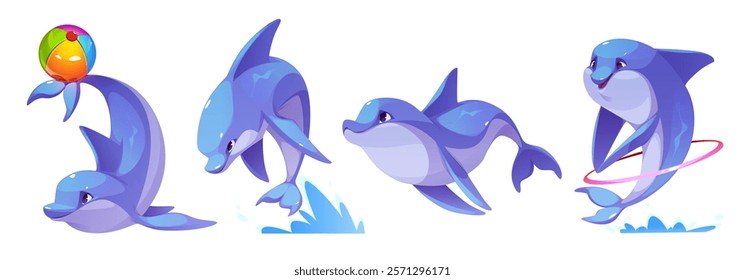 Cute dolphin characters set isolated on white. Vector cartoon illustration of funny sea animal playing in water, jumping with toy ball, hula hoop ring on tail, smiling marine mammal, zoo aquarium show