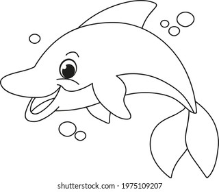 Cute Dolphin. Children S Cartoon Coloring Book. Black And White Vector Illustration With Cute Dolphin. Educational Task For Toddler Fun