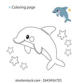 Cute dolphin coloring page with happy expression and small colored example – ideal for kids’ ocean-themed crafts and learning activities.