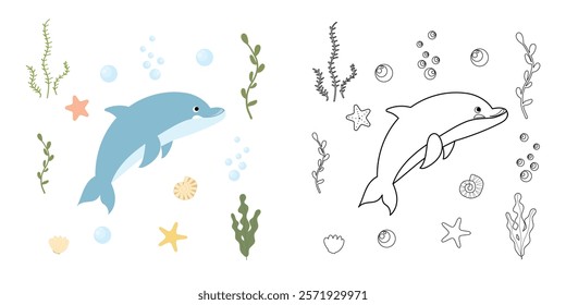 Cute dolphin coloring page. Sea character. Marine life, shells, seaweed. Underwater life. Children's vector coloring page with a color example.