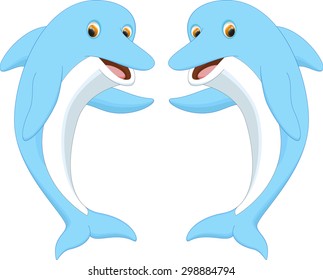 cute dolphin couple cartoon waving