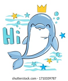 Cute dolphin with a crown childish print design for t-shirts, swimsuit, fabric. Vector illustration