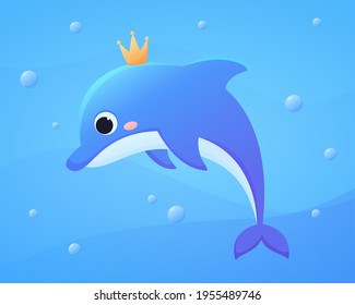 Delfín lindo con una corona en el océano al estilo de las caricaturas. Ilustración infantil. Vector de animales marinos.
