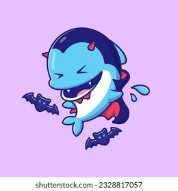 Cute Dolphin Dracula Vampire with Bat Cartoon Vector Icon Illustration. Animal Holiday Icon Concept Isolated Premium Vector. Flat Cartoon Style