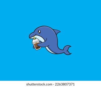 Cute Dolphin Drnk Boba Vector Design