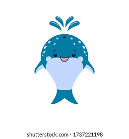 Cute dolphin. Funny smiling sea ocean animal.  Icon, emblem, logo. Kawaii character isolated on white background. Vector illustration