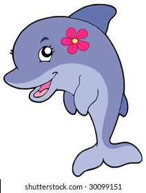 Menina de golfinho bonito com flor - ilustração vetorial.