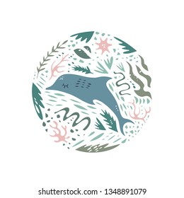 Cute dolphin, hand drawn color vector circle pattern. Ocean character cartoon style. Sketch sea animals. Web, label, decor apparel