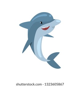 Cute Dolphin Happily Jumping Out of Water, Cartoon Sea Animal Character Vector Illustration