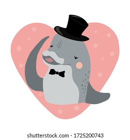 Cute dolphin in a hat print. Hand drawn cartoon character doodle illustration for kids fashion, baby shower, children's party.