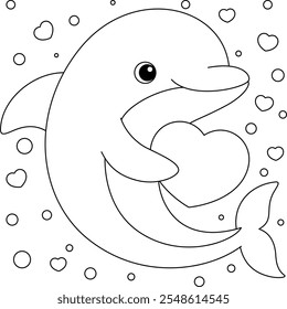 Cute Dolphin with Heart Coloring Page for Kids. Funny animal outline illustration