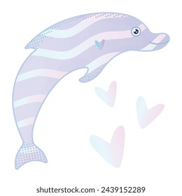 Cute dolphin with hearts, preppy nautical gradient illustration