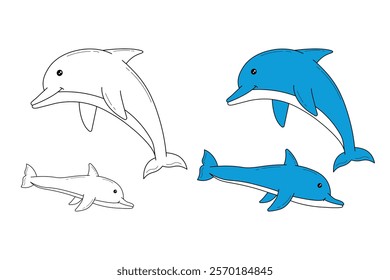 A Cute Dolphin isolated black and white outline with colour guide for coloring book