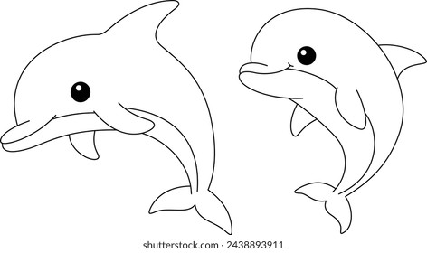 Cute dolphin isolated on white background coloring page for kids. Funny animal outline illustration