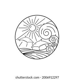 Un delfín lindo saltando en un hermoso estilo de diseño de líneas de olas oceánicas. Ilustración del vector