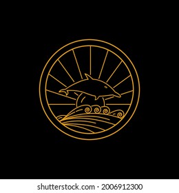 A cute dolphin jumping in a beautiful ocean wave line art design style. Vector illustration