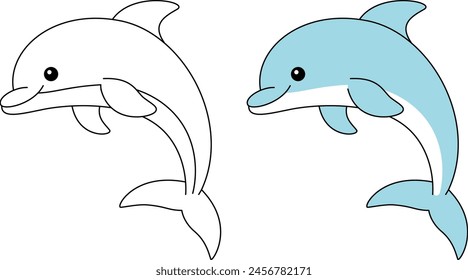 Cute dolphin jumping cartoon coloring page vector illustration. Sea animals, summer outline coloring book for kids