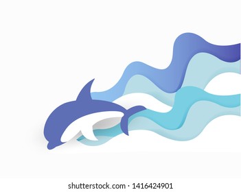 cute dolphin jumping over breaking waves . paper cut style .
paper cut cartoon dolphin on ocean wave .