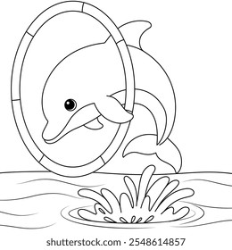 Cute Dolphin Jumping Through a Hoop Coloring Page for Kids. Funny animal outline illustration