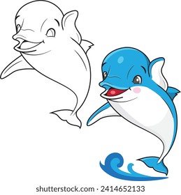 cute dolphin, line and colors dolphin, Cute cartoon blue dolphin