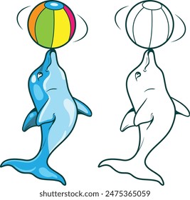 cute dolphin, line and colors dolphin, Cute cartoon blue dolphin, dolphin playing a ball