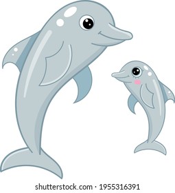 Cute dolphin mother and child cartoon characters. Vector underwater fish childish illustration.