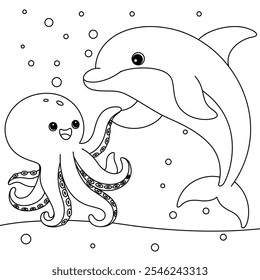 Dolphin bonito com Octopus Coloring Page para crianças. Ilustração esquematizada de animal engraçado