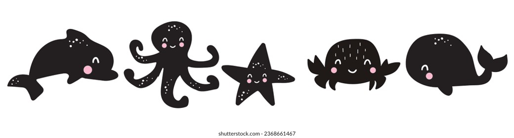Cute dolphin, octopus, fish star, crab, whale. Scandinavian, nordic style. Hand drawn vector lettering illustration. Best for nursery, childish textile, apparel, poster, postcard.