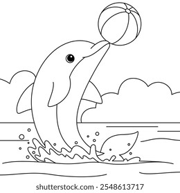 Cute Dolphin Playing with a Ball Coloring Page for Kids. Funny animal outline illustration