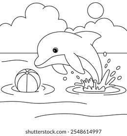 Cute Dolphin Playing with a Ball Coloring Page for Kids. Funny animal outline illustration