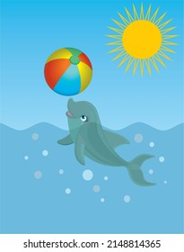 Cute dolphin playing with a ball in water. Vector illustration.
