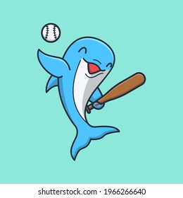 cute dolphin playing baseball. isolated animal design concept. flat cartoon style premium vector