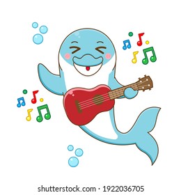 Cute dolphin playing guitar  vector design illustration