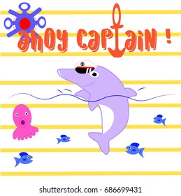 cute dolphin sailor in the summer. vector cartoon illustration, book cover design, wallpaper