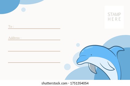 Cute dolphin sea animal theme postcard cover template design for kids, vector envelope cover design template with cute sea dolphin graphic