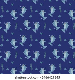 Cute dolphin seamless pattern background. Trendy pattern for wrapping paper, wallpaper, stickers. Underwater world. Illustration on dark blue background