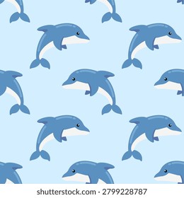Cute dolphin seamless pattern, sweet blue marine animal vector background on light blue for kids swimwear and ocean nursery design