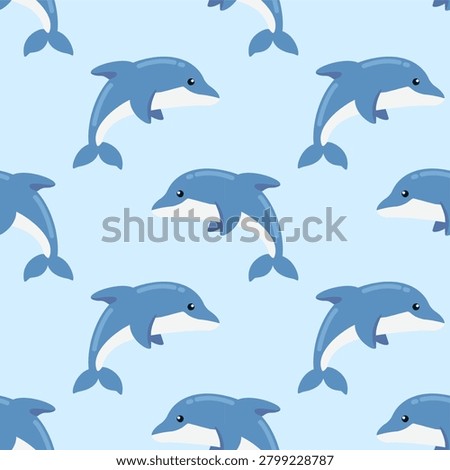 Cute dolphin seamless pattern, sweet blue marine animal vector background on light blue for kids swimwear and ocean nursery design