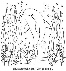 Cute Dolphin in a Seaweed Forest Coloring Page for Kids. Funny animal outline illustration