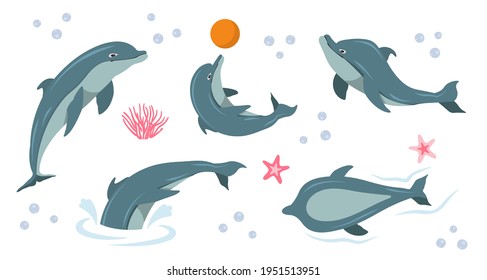 Cute dolphin set. Happy cute dolphin character performing tricks in water, jumping, holding ball, catching fish. Cartoon Characters Funny Dolphin Set.