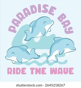 Golfinho bonito com slogan, ilustração vetor plana em estilo infantil. Golfinho bonito com rosto sorridente com besties no fundo branco