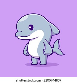 Cute Dolphin Standing Cartoon Vector Icon Illustration. Animal Nature Icon Concept Isolated Premium Vector. Flat Cartoon Style