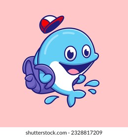 Cute Dolphin Student Go To School Cartoon Vector Icon Illustration. Animal Education Icon Concept Isolated Premium Vector. Flat Cartoon Style