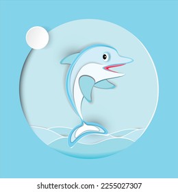 Cute dolphin with sun, and sea waves. Paper cut out style. Vector illustration