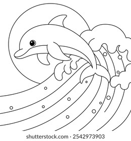 Lindo delfín surfeando una ola para colorear para los niños. Divertida ilustración de contorno de animal