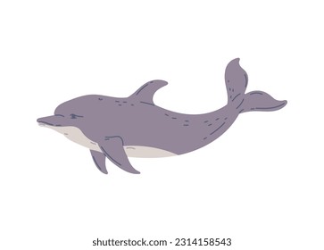 Cute dolphin swimming, flat vector illustration isolated on white background. Aquatic mammal drawing. Hand drawn marine animal, great for kids education and nursery design.