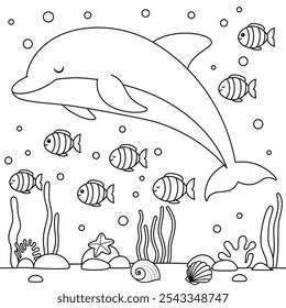 Cute Dolphin swimming with small fish friends Coloring Page for Kids. Funny sea animal outline illustration