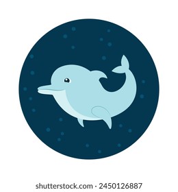 Cute dolphin swimming. Vector icon. Animal world of ocean. Flat cartoon style.